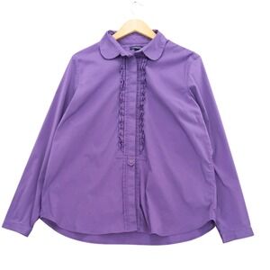Lands End Purple Button Front Ruffle Collar Long Sleeve Shirt Women Size 18